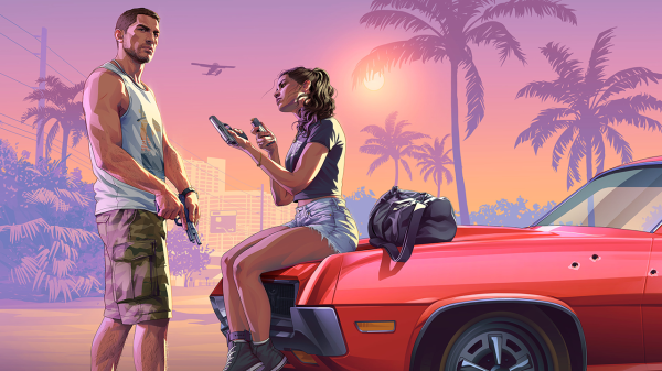 Jason and Lucia holding handguns while preparing next to a bullet-riddled red muscle car under Vice City palm trees during sunset, featured in the official GTA 6 launch checklist guide.