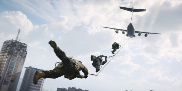 Three operators extracting via mid-air skyhook cable to a cargo plane above Hajin buildings in a Modern Warfare 4 DMZ guide screenshot.