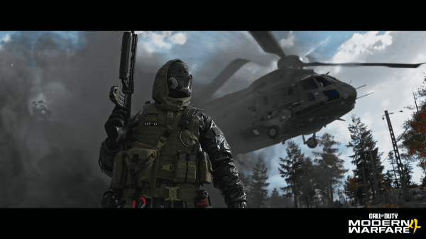 A masked Call of Duty soldier holding a rifle with a military helicopter flying overhead, illustrating Modern Warfare 4 PC Requirements in action.