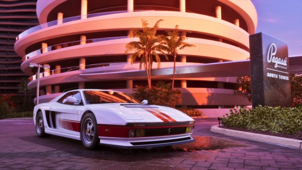 A white Grotti Cheetah Classic sports car parked outside Pegassi Residences in Vice City, featured in the GTA 6 vehicles list.