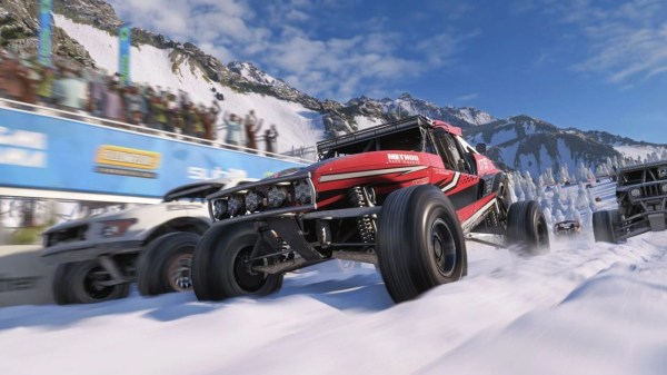 An off-road buggy racing through a snowy track in the FH6 Series 5 Winter Trial Guide.