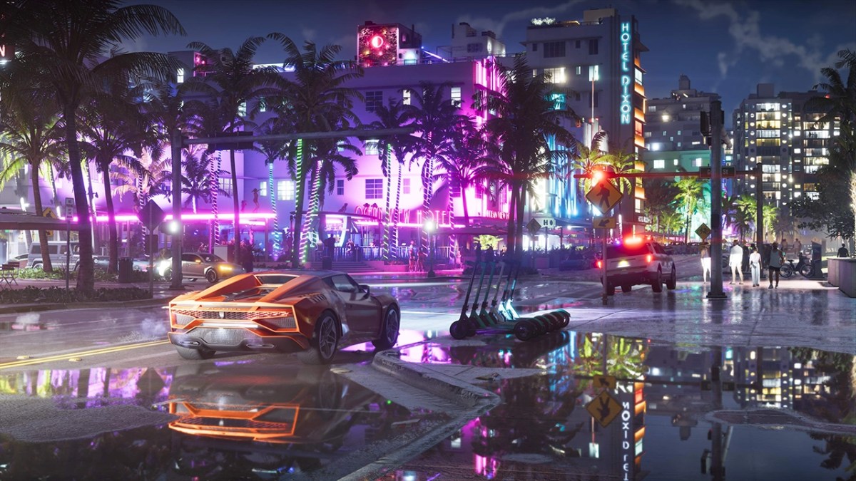 Vibrant Vice City street at night showcasing ray tracing and visual details evaluated for GTA 6 console performance.