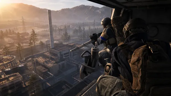 Two soldiers look out over an industrial facility from a helicopter as the Wardogs Season 2 release date approaches.