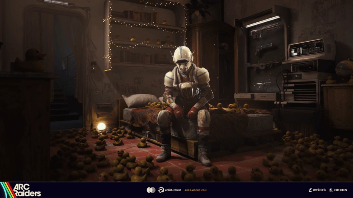 A Raider sitting inside a customizable base in an ARC Raiders outpost guide showcasing weapons and room furnishings.