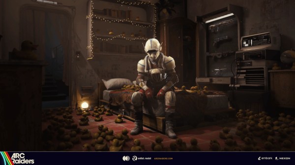 A Raider sitting inside a customizable base in an ARC Raiders outpost guide showcasing weapons and room furnishings.