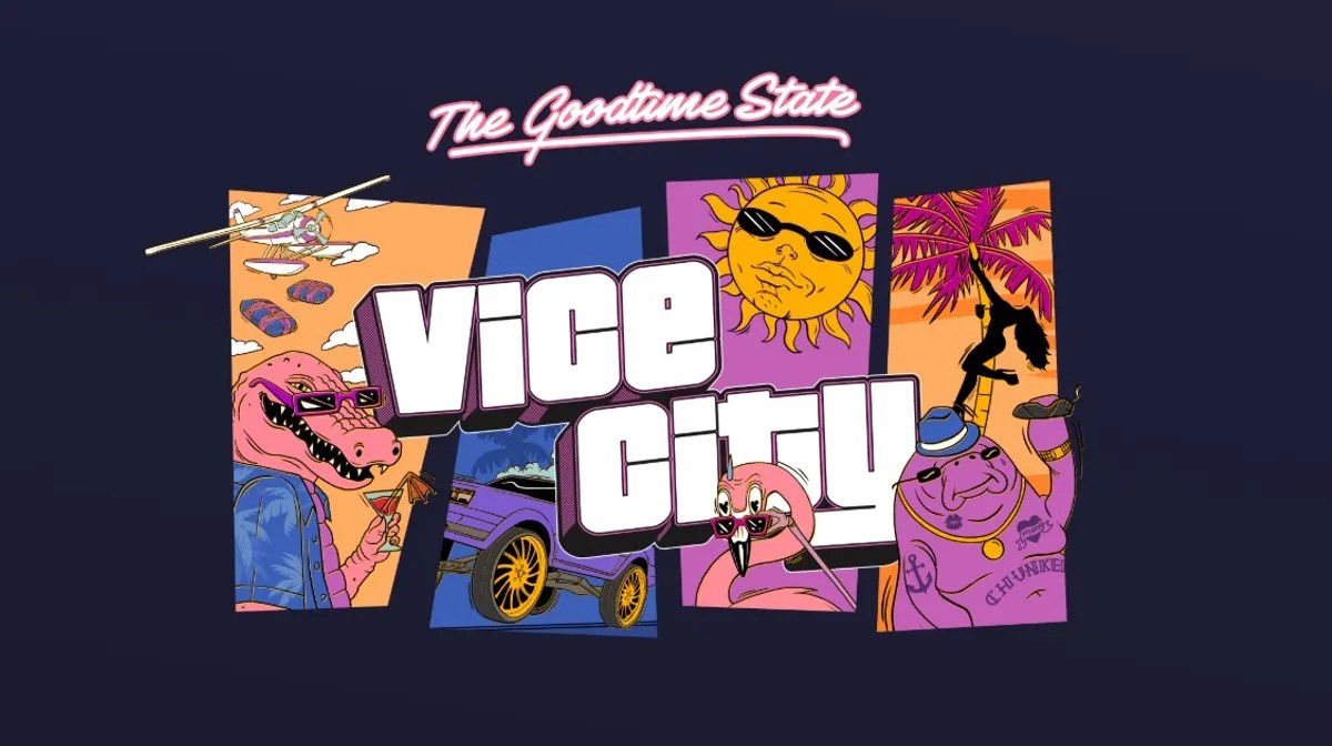 Official graphic for the GTA 6 Vice City Collection featuring "The Goodtime State" logo, Vice City text, and illustrations of Macca the Gator, a flamingo, and Chunkee the Manatee.