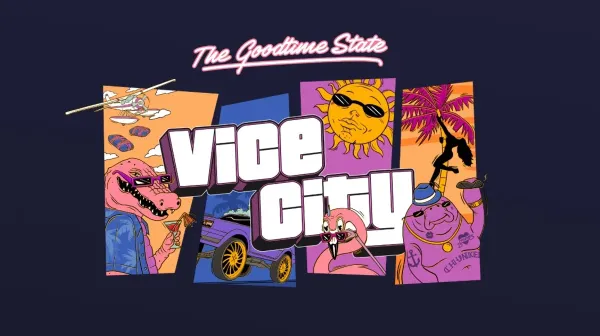 Official graphic for the GTA 6 Vice City Collection featuring "The Goodtime State" logo, Vice City text, and illustrations of Macca the Gator, a flamingo, and Chunkee the Manatee.