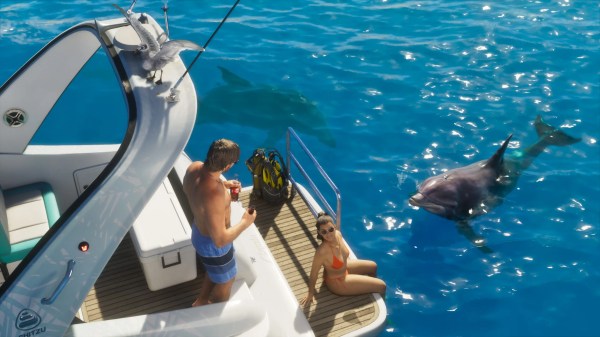GTA 6 protagonists Jason and Lucia enjoying boating and ocean wildlife, showcasing GTA 6 side activities like boat riding, diving preparation, and interacting with dolphins in Vice City waters.