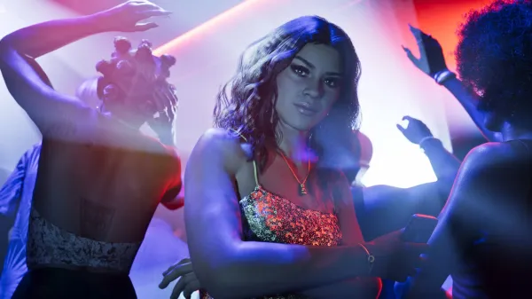 Lucia dancing in a Vice City nightclub, featured alongside gta 6 soundtrack confirmed songs.