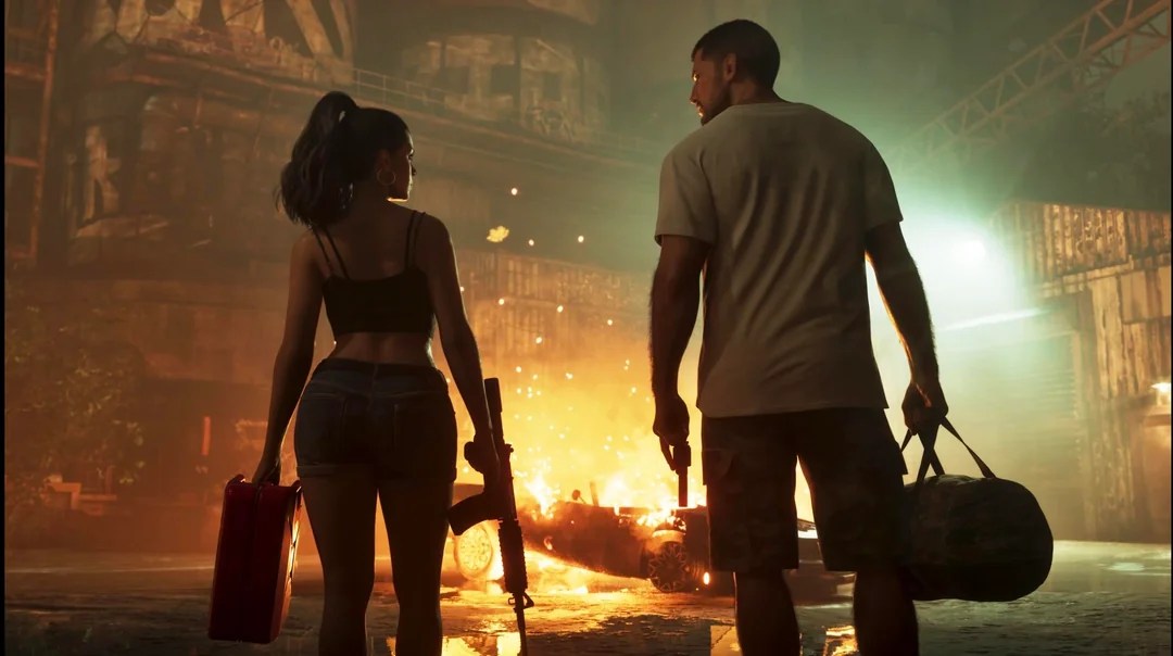 Lucia holding a carbine rifle and Jason with a handgun standing near a burning car, featured in our GTA 6 new screenshots breakdown.