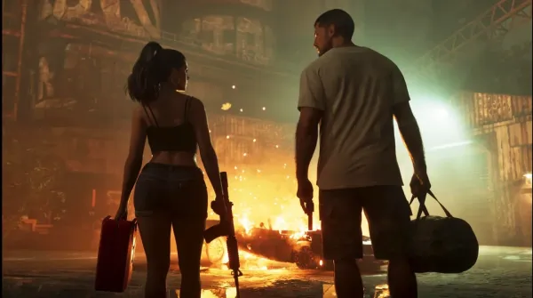 Lucia holding a carbine rifle and Jason with a handgun standing near a burning car, featured in our GTA 6 new screenshots breakdown.
