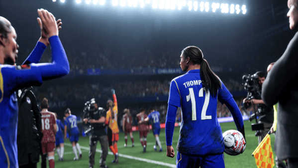 EA FC 27 patch notes update showing a women's football match cutscene with player Thompson number 12 holding a ball on the pitch.