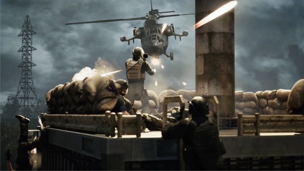 Soldier firing a rocket launcher at a military combat helicopter in WARDOGS Season 2 gameplay update.