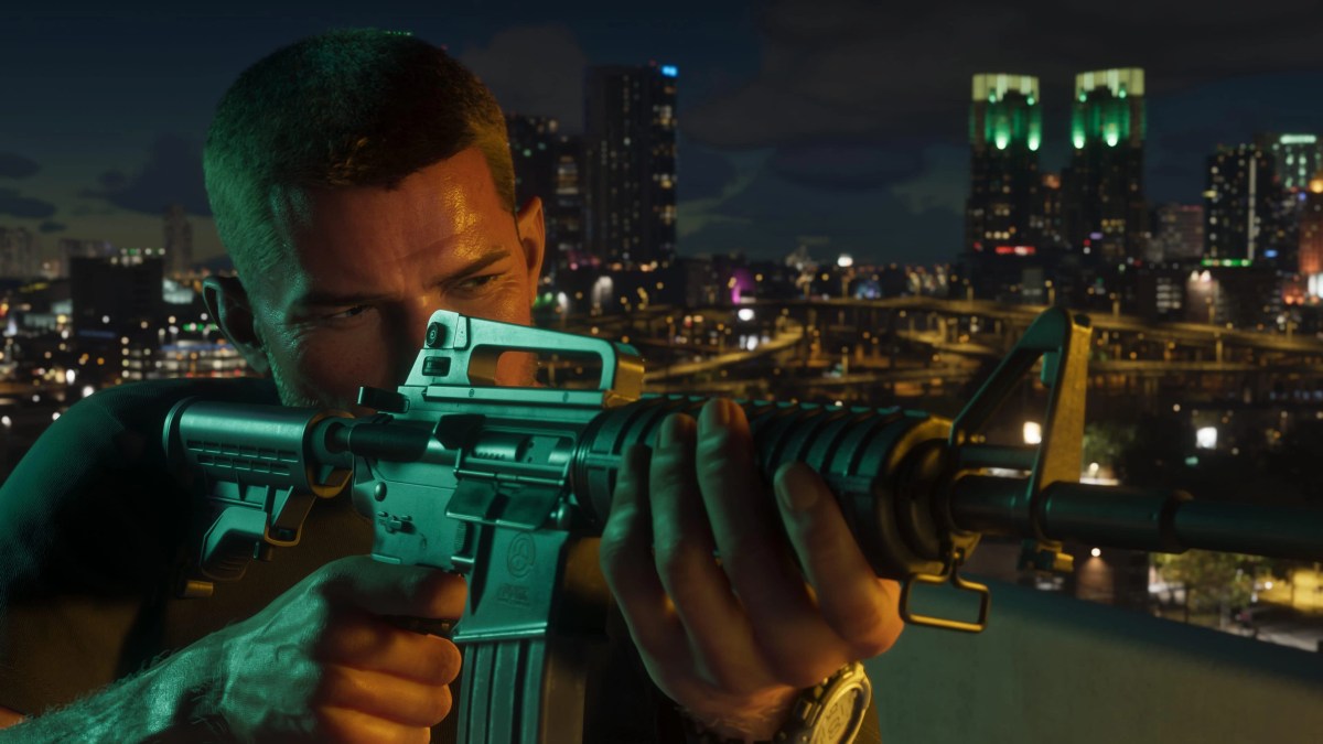 Jason aiming an assault rifle at night in Vice City, showcasing an assault rifle from the GTA 6 weapons list.