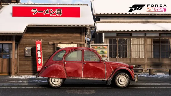 Red 1970 Citroën 2CV parked in front of a snowy Japanese ramen shop in Forza Horizon 6 Series 6